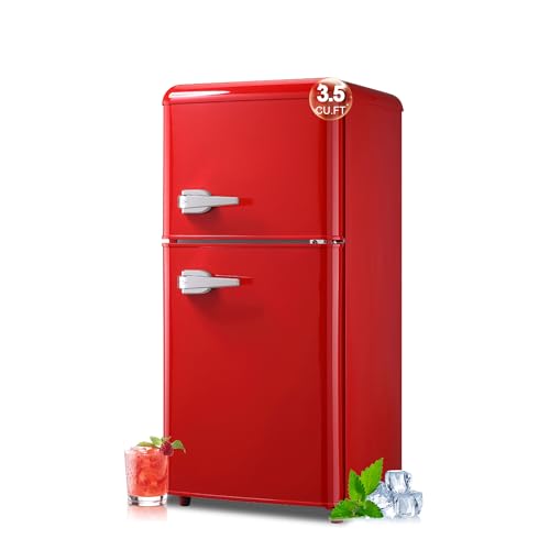 Image of rosmena Retro Fridge with Freezer, 3.5 Cu. Ft. Mini Fridge, Small Refrigerator with 7-Level Adjustable Thermostat, Retro Compact Refrigerator 2-Door Fridges for Apartment/Dorm/Office/RV, Red