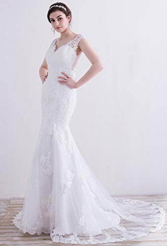 Beauty Bridal Women's V-Neck Off The Shoulder Lace Tulle Mermaid Wedding Dresses Bridal Gown 16 White #TOP1