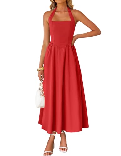 Image of ZESICA Women's Summer Sleeveless Halter Midi Dress 2026 Off Shoulder High Waist Flowy Formal Wedding Guest Long Dresses