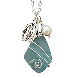 Hawaiian and island lifestyle flip-flops charm with Turquoise Bay blue wire wrapped sea glass necklace, freshwater pearl, (Hawaii Gift Wrapped, Customizable Gift Message)