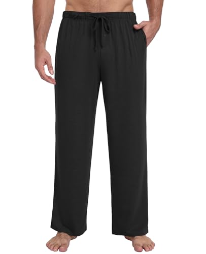 Kinnette Mens Pajama Pants Soft Lounge Sleep Pants with Pockets Casual Pj Bottoms with Button Fly and Drawstring (Black L)