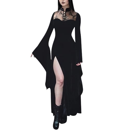 Yinbwol Halloween Costumes Women Long Flare Sleeve Gothic Dress Black Lace Split Goth Vintage Dress