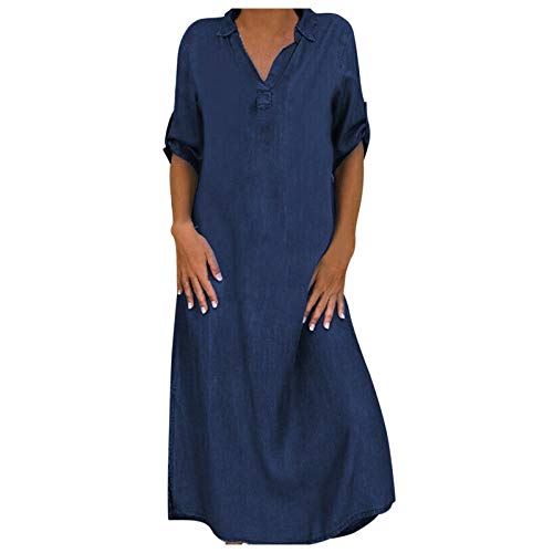 FUNEY 2021 Fashion Women Denim Shirt Dresses Long Sleeve Distressed Jean Dress Button Down Casual Maxi Dress Tunic Top