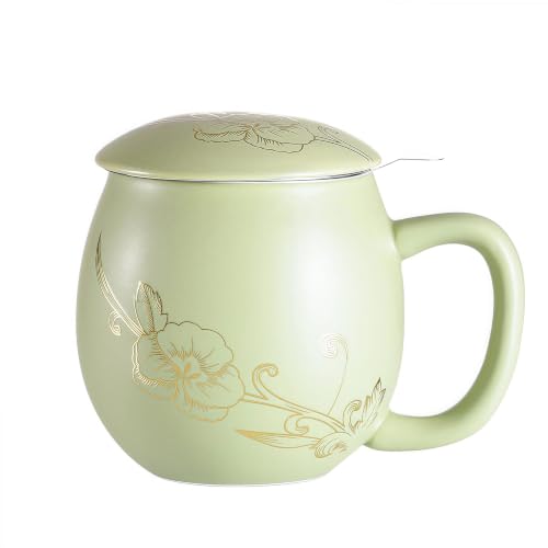 Image of Yundu 12 OZ Ceramic Mug with Lid & Tea Strainer - Matte Light Green Tea Cup with Golden Flower, Stainless Steel Infuser for Loose Leaf Tea