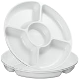 PLASTICPRO 5 Sectional Round Plastic Heavy duty Serving Tray/Platters White Pack of 2
