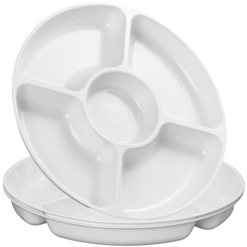 PLASTICPRO 5 Sectional Round Plastic Heavy duty Serving Tray/Platters White Pack of 2