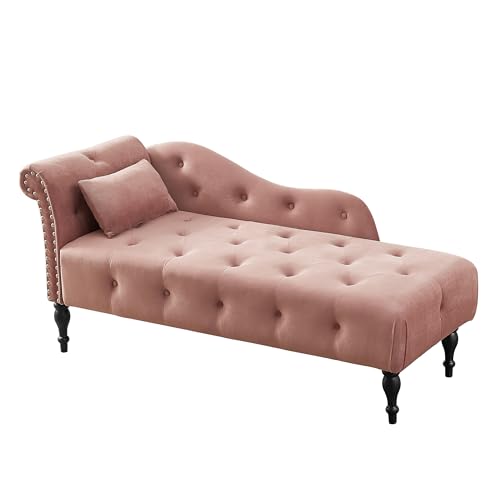 Gustonhon 60.6" Modern Velvet Chaise Lounge Indoor,Upholstered Lounge Chair with Nailhead Trimmed and Solid Wood Legs,Sleeper Lounge Sofa for Living Room,Bedroom,Apartment,Office (Rose)