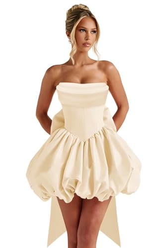 Strapless Satin Homecoming Dresses for Teens 2025 Puffy Short Prom Dress with Bow A-line Mini Cocktail Party Gown