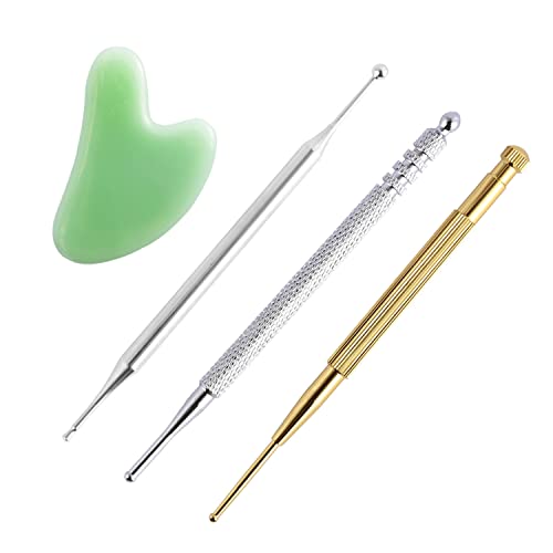 4PCS Facial Reflexology Massage Tool, Stainless Steel Manual Acupuncture Pen Retractable Acupuncture Pen, Double Headed Spring Loaded Ear and Body Point Probe Pen with GuaSha Board