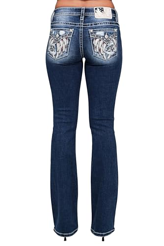 Miss Me Women's Mid-Rise Trinity Wing American Flag Faux Flap Pockets Bootcut Jeans