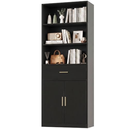 Image of Shintenchi Bookshelf,6-Tier Bookcase with 1 Drawer & 1 Cabinet, 6 Shelf Display Storage Shelves Floor Standing 70.6 inches Tall Bookcase for Home Office, Living Room (Black)
