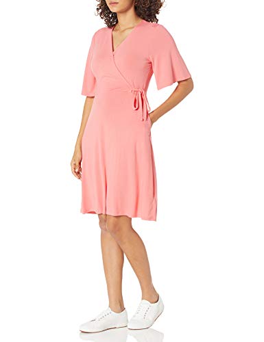 Amazon Essentials Women's Kimono Sleeve Faux Wrap Dress, Bright Coral, Large