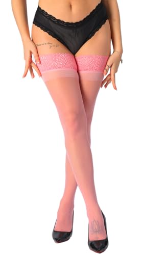 MERYLURE 15D Sheer Thigh High Stockings with Double Silicone, Lace Top Pantyhose Lingerie for Women, Stay Up Nylons