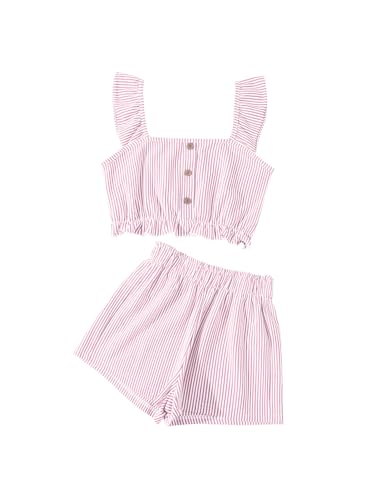 Image of Girl's Summer Clothing Sets Knit Ruffle Striped T-Shirt and Shorts 2 Piece Outfits