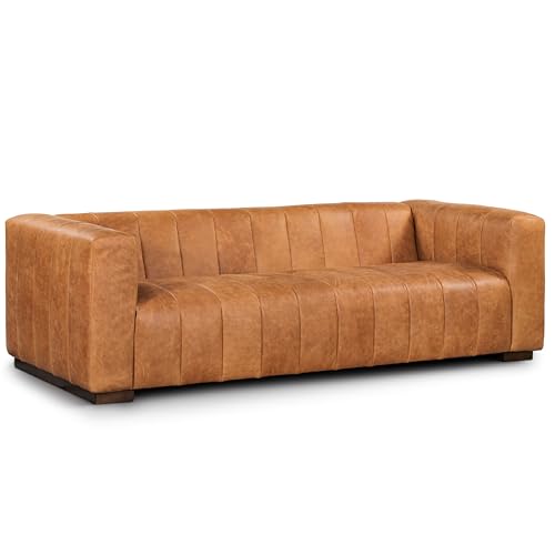 POLY & BARK Canale Sofa – 86' Channel-Tufted Italian Leather Couch – Cognac Tan Full-Grain Pure-Aniline or Semi-Aniline Leather, Solid Wood Frame & Legs