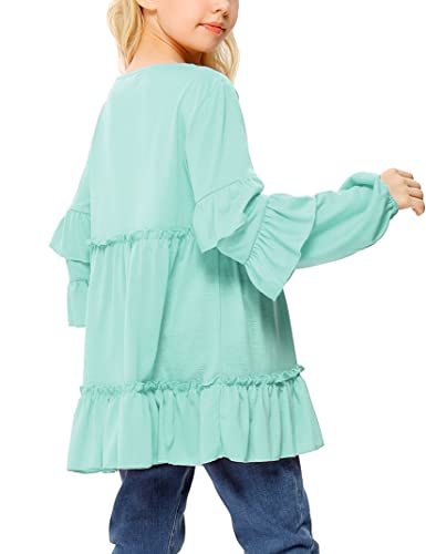 Lionjie Girls Ruffle Long Sleeve Blouse Round Neck Button Down Shirt Cute Casual Loose Soft Tunic Tops Green #TOP5