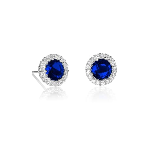 Diamond Treats Pendientes de Plata de Ley 925 con Piedras Azules y Circonitas, Redondos con Piedras Azul Zafiro, Regalos para Mujer