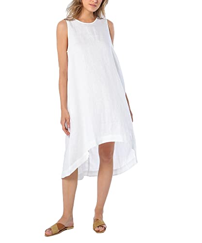 Image of Amazhiyu Women's 100% Linen High Low Midi Dress with Pocket | Summer Casual Flowy Dresses, Sleeveless Crewneck Dresses, Solid Color