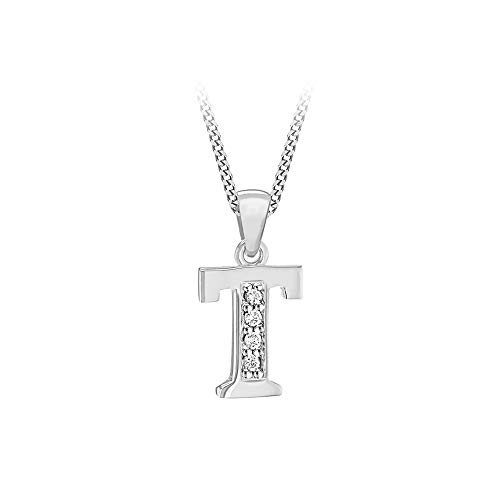 Image of Tuscany Silver Women's Sterling Silver Rhodium Plated Initial 'T' with Cubic Zirconia on Curb Chain of 46cm/18''