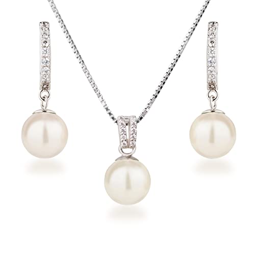 Juego de collar y pendientes con perlas de plata 925 rodio para bodas
