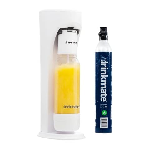 Drinkmate Sparkling Cocktail Mocktail Wine Juices and Water Maker, Carbonates Any Drink with Push-Button Simplicity, with 1L bottle and 60 Litre CO2 cylinder, Classic White Cover