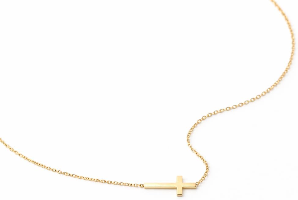 18K Gold Plated Sideways Cross Necklace for Women, Dainty Minimalist Pendant, Stainless Steel, Adjustable Layering Chain, Simple Christian Jewelry Gift, Waterproof
