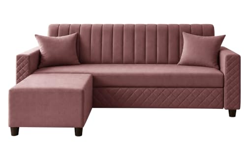 Image of 3 Seater Velvet Sofa with Ottoman | Modern Upholstered Couch | Quilted Design | Soft Comfortable Seating | Sturdy Wooden Frame | Living Room, Office - Rose Pink
