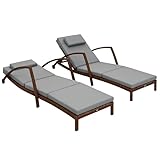 Outsunny Wicker Chaise Lounge Chair Outdoor Set of 2, 5-Position Adjustable Reclining Pool Lounge Chairs with Wheels, Rattan Outdoor Lounger with Cushion, Armrests for Poolside Beach Backyard, Gray