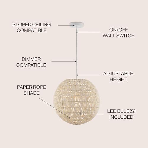 JONATHAN Y JYL6503B Luna 15.75" 1-Light Bohemian Modern Woven Rattan/Iron LED Pendant Farmhouse Coastal Adjustable Dining Room Living Room Kitchen Island Foyer Bedroom Hallway, Cream/White - Image 3