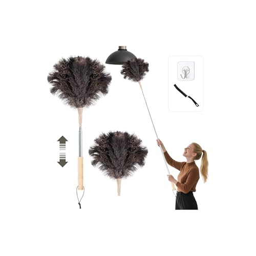 Plumero de Plumas de Avestruz, Plumero telescópico Lavable, Extensible hasta 125 cm para techos y Superficies delicadas, eliminación del Polvo sin arañazos, Mango de bambú, con Cabezal de Resorte
