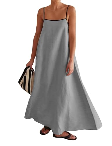 Image of Womens Summer Linen Maxi Dress Contrast Trim Spaghetti Straps Backless Sleeveless Long Flowy Dresses