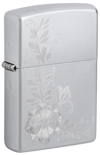 Zippo Encendedor Satin Chrome Grabado Flor y Mariposa miniatura 1