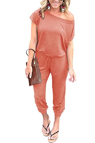 Image of PRETTYGARDEN Jumpsuits for Women Summer Off Shoulder Romper | Short Sleeve Drawstring Waist, Jogger Jumpers with Pockets, One Piece Spring Break Outfits, Vacation Travel Lounge Clothes