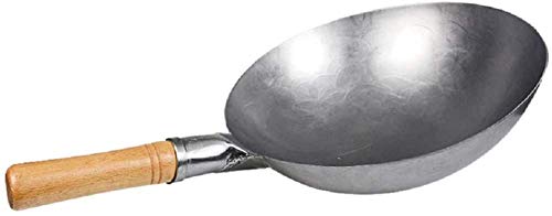 MYUYEE Wok de Acero al Carbono Martillado a Mano - Wok Tradicional de Fondo Redondo con Mango de Madera de Haya roja - Sartén para Mezclar - Diámetro 30 cm,Rojo-Diámetro 32CM