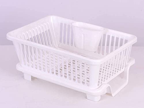 Image of 3 in 1 Large Durable Plastic Kitchen Sink Dish Rack Drainer Drying Rack Washing Basket with Tray for Kitchen, Dish Rack Organizers, Utensils Tools Cutlery (White)
