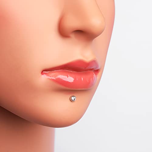 0.08 Ct Natural Diamond Bezel Set Nose Pin In 14K White Gold, 8Mm Screw Post Lip Labret Monroe Piercing #TOP4