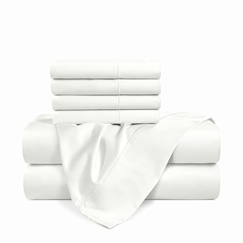 Casa Platino 100% Egyptian Cotton Sheets California King Size Set - 6 Pcs (1 Flat, 1 Fitted, 4 Pillowcases)- Smooth Sateen Weave Bed Sheets, 15" Deep Pocket - Pure White Sheet Set