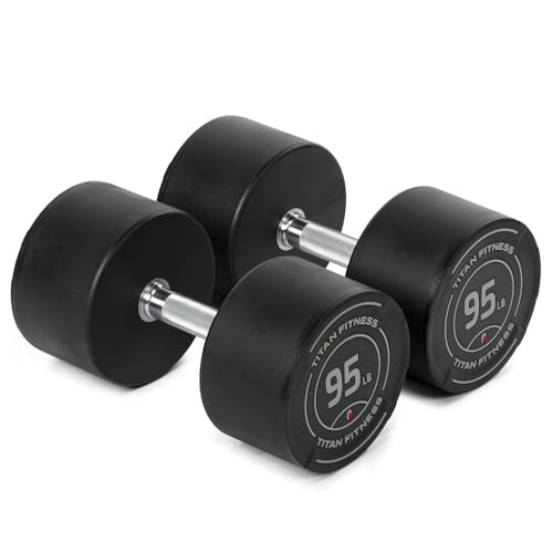 Titan Fitness 95 LB Set Round Urethane Dumbbells, Medium Volcano Knurling, 33mm Grip, Easy-to-Read Weight Indicators, Free Weights for Strength Training