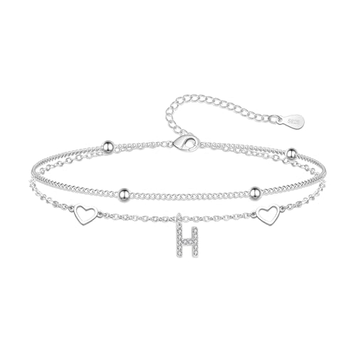 Image of Hcvone S925 Bracelets for Women Girls Silver Heart Initial A-Z Bracelet Layered Bead Bracelets Jewellery For Friends Mum Daughter Sister (H)