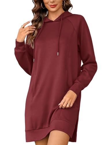 Quenteen Hoodie Dress for Women Sweatshirt Dress Hooded Oversized Casual Long Sleeve Pullover Tunic Dresses with Pockets Wine Red