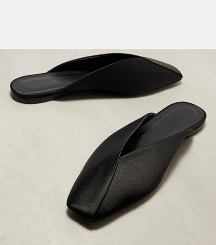 Women's Satin Flat Mules Slip On Comfortable Flats with Closed Square Toe Casual Fashion Black Shoes3