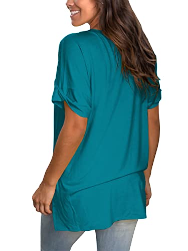 Image of Sampeel Women's V Neck T Shirts Casual Rolled Short Sleeve Side Split Summer Tops Loose Fit