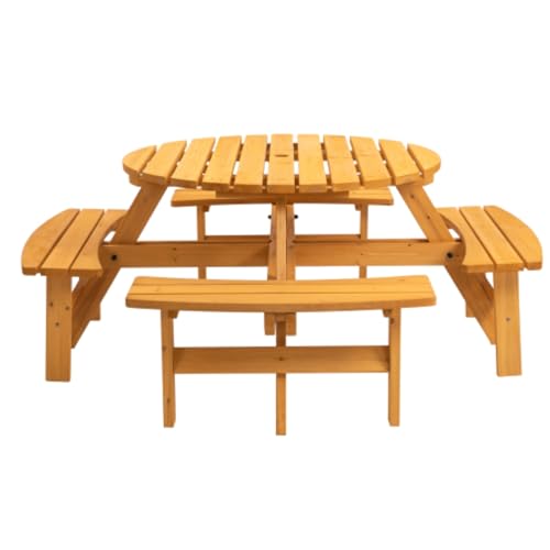 RENPINYOUX 8-Seater Outdoor Round Wooden Dining Table with 4 Built-in Benches, 43.3-inch Large Round Table for Patio, Backyard, Garden, DIY, Natural Wood Color