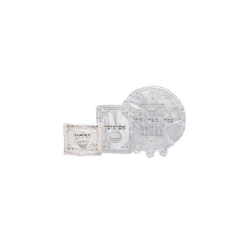 White Cloth Matzah Cover with Boxes, Scrollwork and Lace Trim