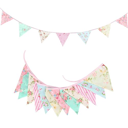 Image of Zwiebeco 32Ft Pink Blue White Floral Fabric Bunting Triangle Flags Cotton Flower Pennant Banner Decoration for Birthday Wedding Engagement Baby Shower Tea Party Spring Rustic Village Home Garden Decor