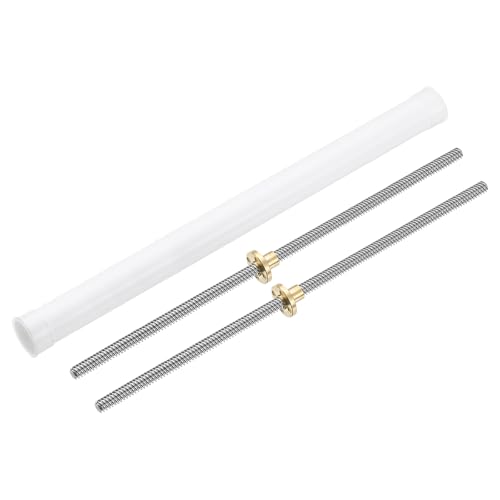 uxcell 2Pcs 350mm Tr8x2 Lead Screw with Brass Nut (Acme Thread, 2mm Pitch, 1 Starts, 2mm Lead), 304 Stainless Steel Screw Bar Printer Upgrade Parts with Plastic Packaging Tube, Silver
