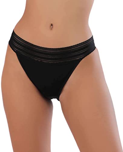 Image of Women's Classy Black Thong Style Full Coverage Hipster Panty to Hold On with Soft Lace at Waist | ELGANTE 8M-V9FH-OXWV