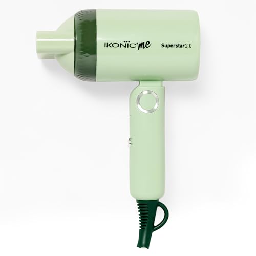 Ikonic Superstar 2.0 Hair Dryer For Men And Women 1200W Strong Airflow Low Noise Cool Shot Foldable Handle Swivel Power Cord Hanging Loop Lighweight Travel Friendly, Green