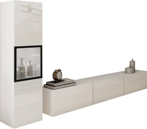 Conjunto De Muebles De Salón Berlin I, Juego De Muebles De Salón, Mueble Tv 180 Cm, Iluminación Led Opcional, Diferentes Acabados, Muebles De Salón Modernos Blanco Blanco Brillo Led