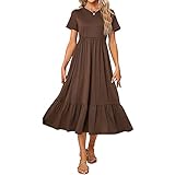 TAMEYA Summer Maxi Dresses for Women 2023, Casual Short Sleeve Crewneck Flowy Long Dresses Tiered Swing Beach Dress with Pockets(Brown, L)
